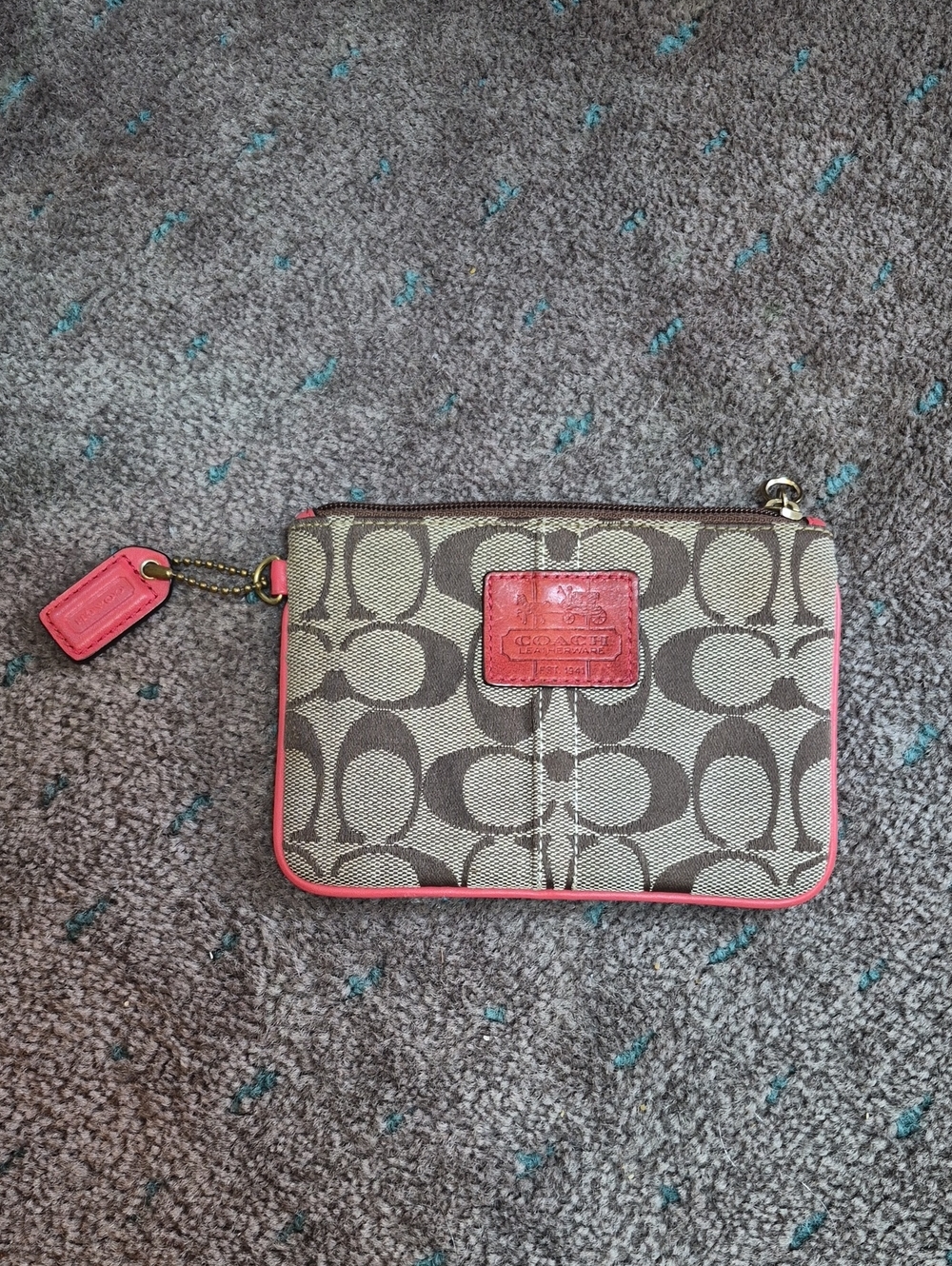 Coach Brown Signature Canvas Wristlet with Pink Trim